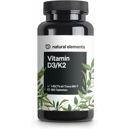 natural elements Vitamin D3 + K2 Depot – 180 Tablets – Premium: 99.7+% All Trans MK7 (K2VITAL® from Kappa) + 5,000 IU Vitamin D3 فيتامين ك2 + د3 عالى التركيز _ 5000 وحدة دولية من فيتامين د3 ، 180 حباية