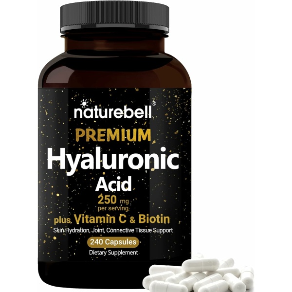 NatureBell Hyaluronic Acid , 250mg Hyaluronic Acid with 25mg Vitamin C , 240 Capsulesحمض الهيالورونيك 250 مجم + فيتامين ج 25 مجم للجرعة ، 240 كبسولة