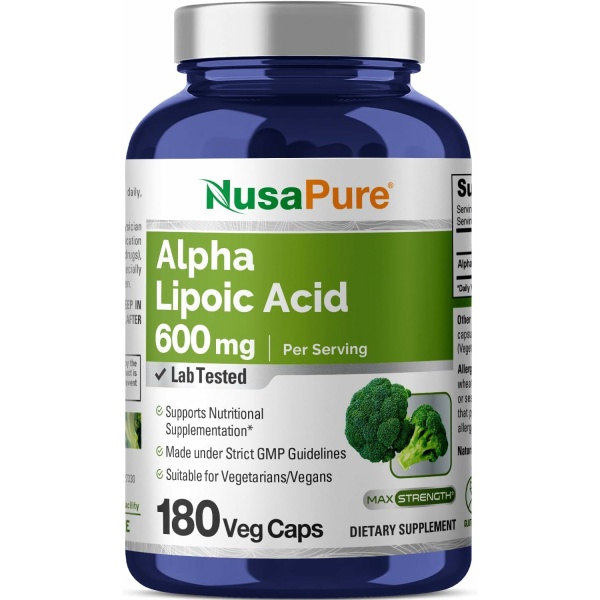 Nusapure Alpha Lipoic Acid 600mg,for Healthy Weight Management, Athletic Performance,180 Capsules حمض ألفا ليبويك 600 مجم للكبسولة ، مثالى لفقدان الوزن ، يحارب الشيخوخة والتجاعيد ، 180 كبسولة