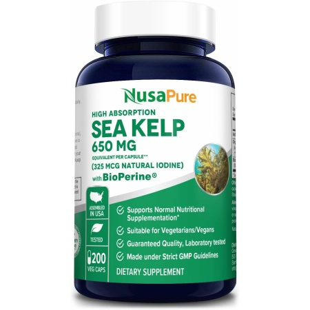 Nusapure Organic Sea Kelp 325mcg, for Weight Loss, Thyroid Support, 200 Capsules عشب البحر العضوى 325 ميكروجرام ، الغنى باليود ، لتحسين صحة الغدة الدرقية ، ولإنقاص الوزن ، 200 كبسولة