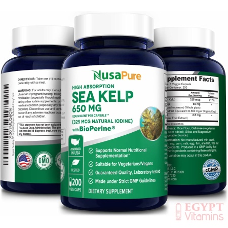 Nusapure Organic Sea Kelp 325mcg, for Weight Loss, Thyroid Support, 200 Capsules عشب البحر العضوى 325 ميكروجرام ، الغنى باليود ، لتحسين صحة الغدة الدرقية ، ولإنقاص الوزن ، 200 كبسولة