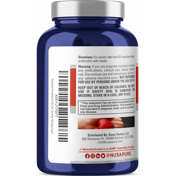 NusaPure Reduced Glutathione 500mg 180 Veggie Capsules