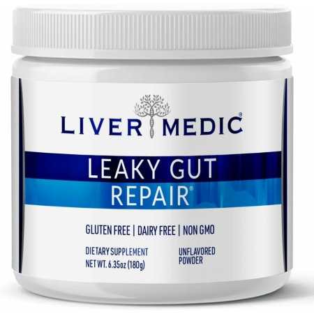 Liver Medic Leaky Gut Repair Powder Unflavored (180g) Maximum Gut Healing Support for IBS, Bloating, Heartburn, Constipation, Diarrhea, Irregularity to Restore Healthy Gut Lining (Plain) مسحوق إصلاح الأمعاء المتسرب ، بدون طعم لصحة الأمعاء، 180 جرام