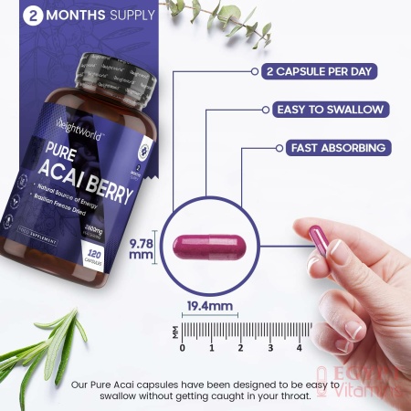 WeightWorld Pure Acai Berry Tablets - 2600mg Strength Servings - 120 Capsules (2 Month Supply), Natural Freeze Dried Acai Berries for Diet & Detox