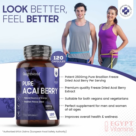 WeightWorld Pure Acai Berry Tablets - 2600mg Strength Servings - 120 Capsules (2 Month Supply), Natural Freeze Dried Acai Berries for Diet & Detox
