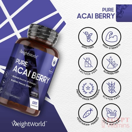 WeightWorld Pure Acai Berry Tablets - 2600mg Strength Servings - 120 Capsules (2 Month Supply), Natural Freeze Dried Acai Berries for Diet & Detox