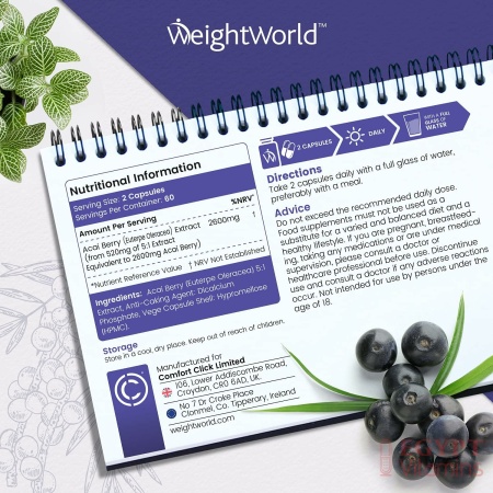 WeightWorld Pure Acai Berry Tablets - 2600mg Strength Servings - 120 Capsules (2 Month Supply), Natural Freeze Dried Acai Berries for Diet & Detox