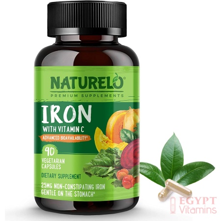 NATURELO Vegan Iron Supplement with Whole Food Vitamin C - Best Natural Iron Pills for Women & Men w/ Iron Deficiency Including Pregnancy, Anemia and Vegan Diets - 90 Mini Capsules ناتشريلو حديد نباتى مع فيتامين ج ، أفضل حبوب حديد طبيعى للرجال والنساء ، لعلاج فقر الدم و للأمهات الحوامل ، 90 كبسولة صغيرة