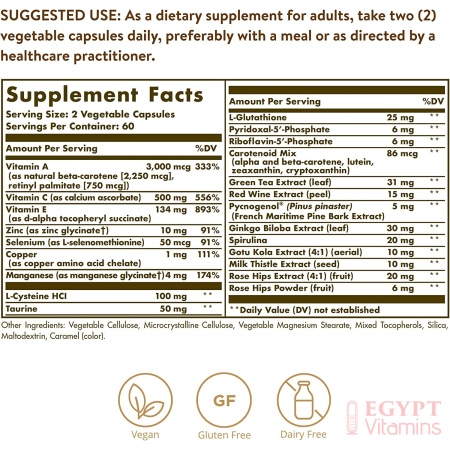 Solgar Advanced Antioxidant Formula, Contains Zinc, Vitamin C, E & A -120 Capsules سولجار تركيبة متطورة غنية بمضادات الأكسدة تحتوى على الزنك وفيتامين ج وفيتامين أ و ه‍ لتحسين صحة الجهاز المناعى ، 120 كبسولة نباتية