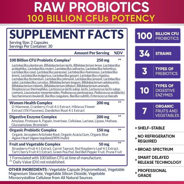 Wholesome Wellness, Women's Raw Probiotics 100 Billion CFU, 60 Capsules