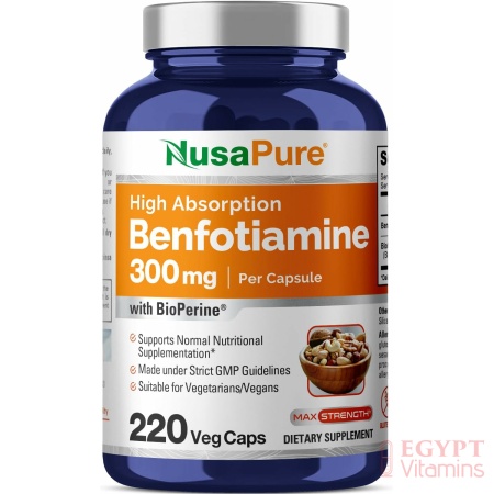 Nusapure Benfotiamine 300mg 220 Veggie Caps , Supports Healthy Blood Sugar Levels in Normal Range<BR/>نوزابيور بنفوتيامين 300مجم للحفاظ على صحة الاعصاب والاعصاب الطرفيه خاصة لمرضي السكر 220 كبسولة نباتية