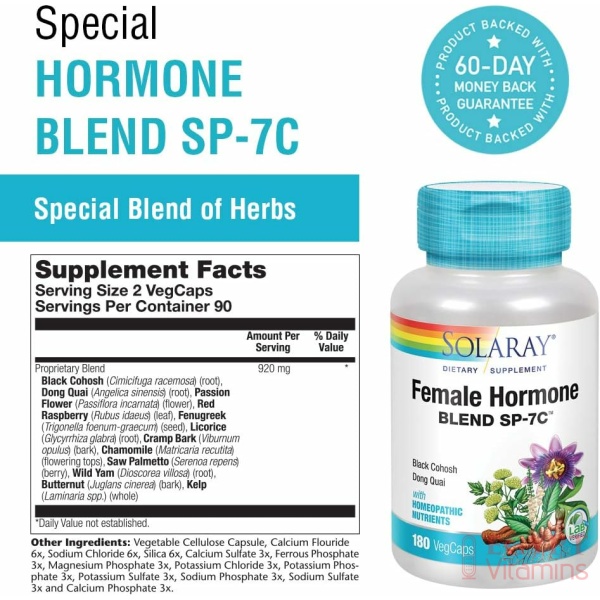 Solaray Female Hormone Blend SP-7C | Herbal Blend Includes Black Cohosh, Dong Quai, Passion Flower, Saw Palmetto, Wild Yam & More | 180 Veg Capsسولاراى ،يحتوى على مجموعة من الأعشاب لصحة المرأة ،180 كبسولة نباتية - Image 2