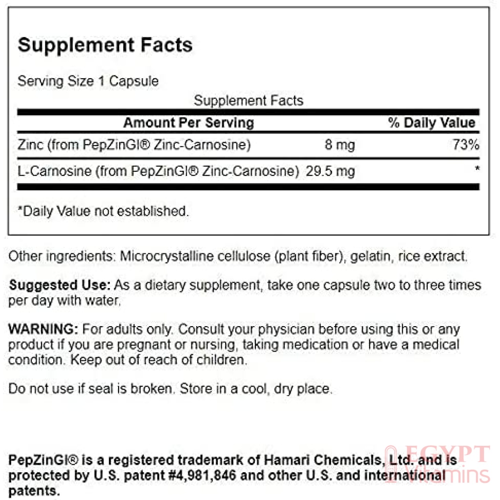 Swanson Zinc Carnosine PipzinGl 60 Capsules Egypt Vitamins