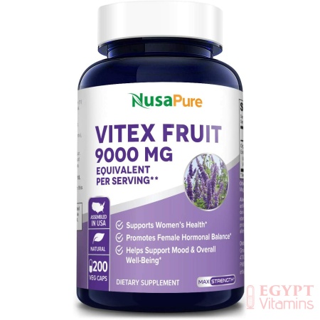 Nusapure Vitex Chasteberry Fruit 9,000 mg, Support Hormonal Balance & PMS Symptoms, 200Capsules فاكهة فيتكس العضوية 9,000 مجم للكبسولة، مكمل غذائى لتحسين صحة المرآه ، ولدعم التوازن الهرمونى وأعراض الدورة الشهرية، 200 كبسولة