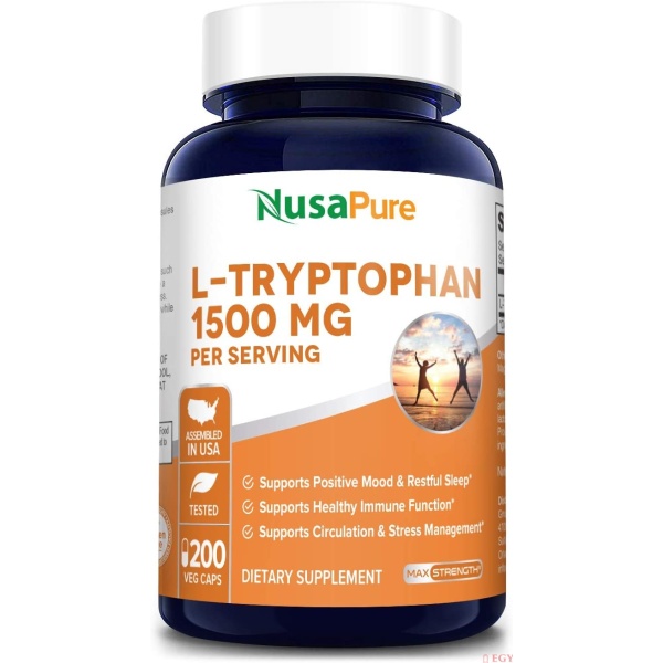 Nusapure L-Tryptophan 1500mg, Natural Sleep Aid to Encourage Relaxation, Combat Stress,200 Capsules التربتوفان 1500 مجم لصحة النوم الطبيعى ، و تقليل القلق والإكتئاب ، ولصحة الجهاز المناعى ، 200 كبسولة