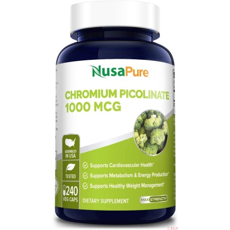 Nusapure Chromium Picolinate 1000mcg, 240Capsules بيكولينات الكروم الثلاثى 1000 ميكروجرام ، لفقدان الوزن ، لصحة التمثيل الغذائى وزيادة إنتاج الطاقة ، 240 كبسولة