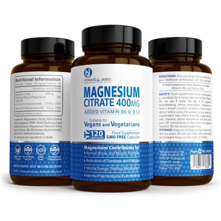 Howard & James Magnesium Citrate 400mg Plus Vitamin B6 & B12-120 Capsules