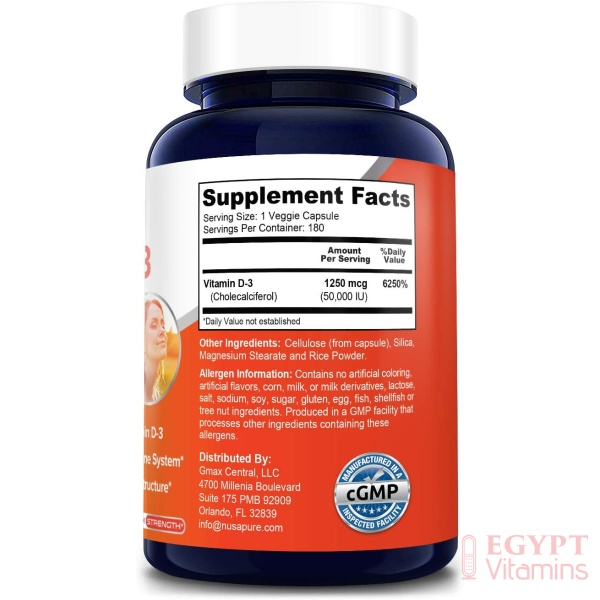 NUSAPURE Vitamin D3 50,000 IU 180 Veggie Capsules نوزابيور فيتامين د3 ,50000 وحدة دولية ,180 كبسولة نباتية - Image 8