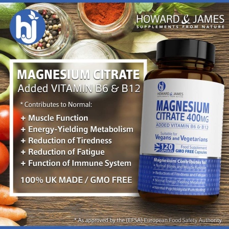 Howard & James Magnesium Citrate 400mg Plus Vitamin B6 & B12-120 Capsules