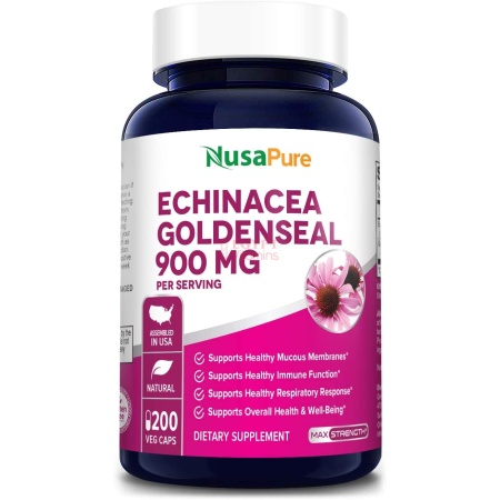 Nusapure Echinacea Goldenseal 900mg, Supports Healthy Immune Function,200 Capsules جولدنسيل اشنسيا 900 مجم ، 200 كبسولة نباتية ، لصحة وظائف الجهاز المناعى