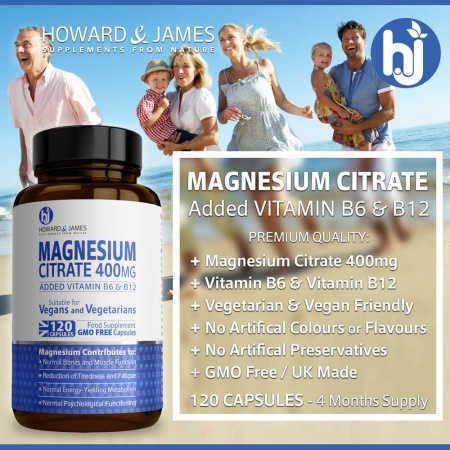 Howard & James Magnesium Citrate 400mg Plus Vitamin B6 & B12-120 Capsules
