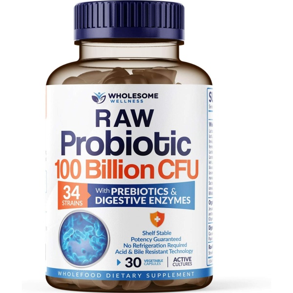 Wholesome Wellness Probiotics 100 Billion CFU -30 Capsulesبروبيوتيك الخام العضوى 100ميار وحدة دولية مع البريبيوتيك و أنزيمات الهضم ، 30 كبسولة