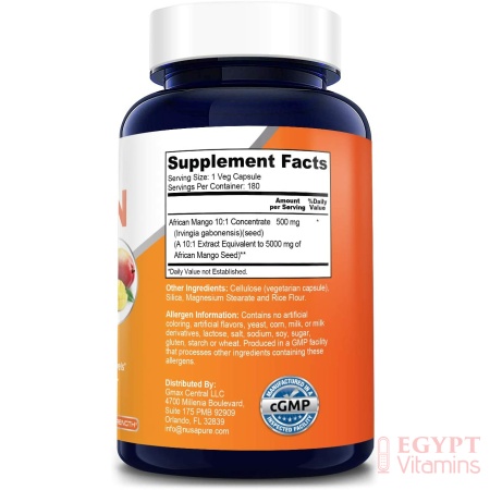 Ingredients of Nusapure African Mango Extract 5,000 mg, Supports Healthy Glucose Levels,180 Capsules