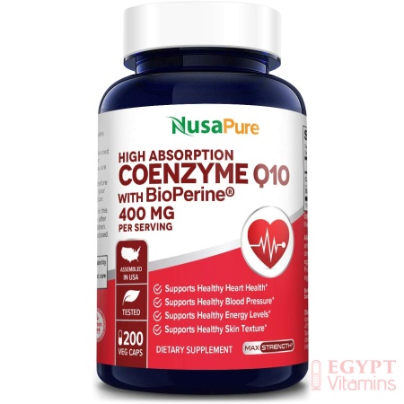 Nusapure CoQ10 400 mg , Antioxidant & Heart health , 200 Capsulesنوزابيور مساعد الأنزيم كيو 10 400 مجم ، لصحة القلب ولدعم ضغط الدم 200 كبسولة