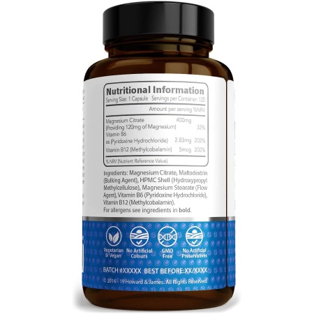 Howard & James Magnesium Citrate 400mg Plus Vitamin B6 & B12-120 Capsules