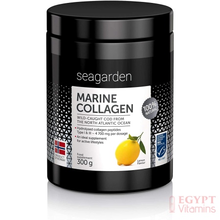 seagarden Norwegian Marine Collagen Powder | for Skin, Hair, Nails | 300 gمسحوق كولاجين نرويجي بحري نقي بطعم الليمون 100% ، بيبتيدات الكولاجين المحلل فى أعماق المحيط ، لتحسين صحة البشرة والشعر والأظافر والمفاصل والأوتار والأربطة ، 300 جراما