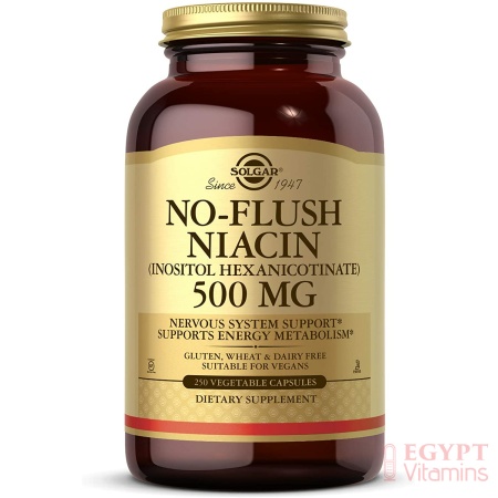 Solgar No-Flush Niacin 500 mg, Cardiovascular Support - Supports Energy Metabolism, 250 Capsules سولجار نياسين 500 مجم ، 250 كبسولة نباتية