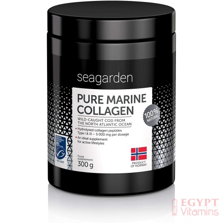 seagarden Norwegian Marine Collagen Powder | for Skin, Hair, Nails | 300 gمسحوق كولاجين البحرى النرويجى النقى 100% ، بيبتيدات الكولاجين المحلل فى أعماق المحيط ، لتحسين صحة البشرة والشعر والأظافر والمفاصل والأوتار والأربطة ، 300 جرام