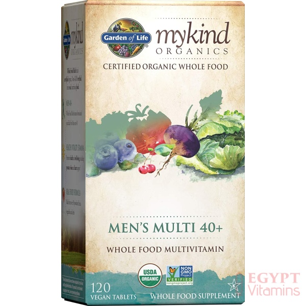 Garden of Life mykind Organics Whole Food Multivitamin for Men 40+ 120 Tablets جاردن اوف لايف، ماى كايند ، خليط مثالى من الفيتامينات والمعادن العضوية المتعددة للرجال فوق 40 عام ، لزيادة إنتاج الطاقة و تحسين الصحة العامة، 120 حباية