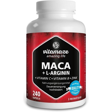 Vitamaze Maca Capsules 4000 mg + L-Arginine 1800 mg + Zinc, 240 Capsulesماكا عالية الجرعة 4000 مجم + الارجينين 1800 مجم + الزنك ، 240 كبسولة
