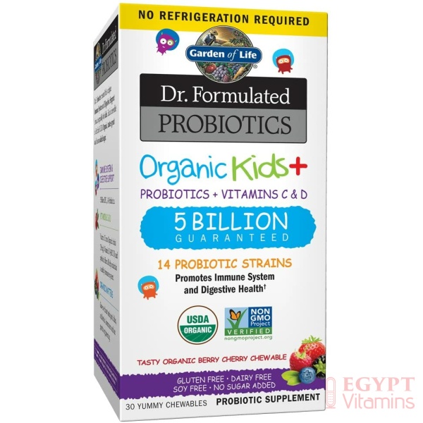 Garden of Life Dr. Formulated Probiotics Organic Kids+ plus Vitamin C & D ,Immune & Digestive Health , 30 Chewsبروبيوتيك عضوى للأطفال مع فيتامين ج وفيتامين د لصحة الجهاز الهضمى والجهاز المناعى ، 30 قطعة قابلة للمضغ
