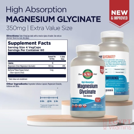 ingredients of KAL Magnesium Glycinate, New Improved Fully Chelated High Absorption Formula with BioPerine, Bisglycinate Chelate for Stress, Relaxation, Muscle & Bone Health Support, 60 Servings, 240