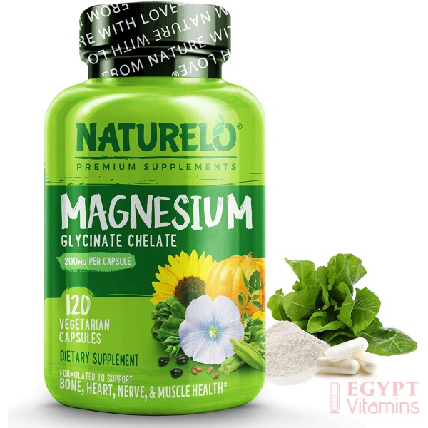 NATURELO Magnesium Glycinate - 120 capsulesناتشريلو جلايسينات الماغنيسيوم مع خضروات عضوية، 120 كبسولة