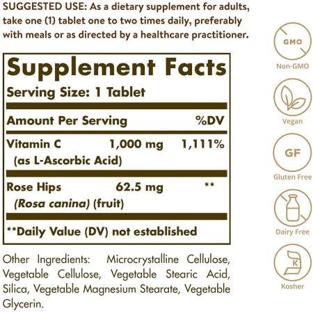 Solgar Vitamin C 1000 mg with Rose Hips, 250 Tablets