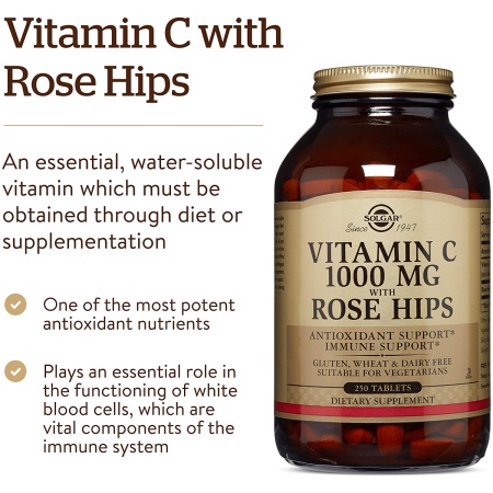 Solgar Vitamin C 1000 mg with Rose Hips, 250 Tablets