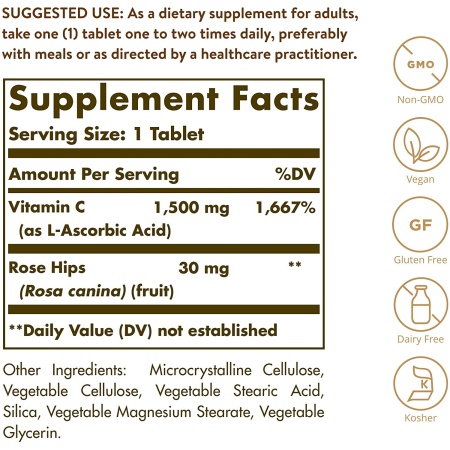 ingredients of Solgar Vitamin C 1500 mg with Rose Hips – 180 Tablets