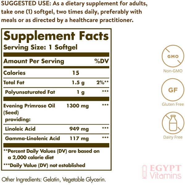 Solgar Evening Primrose Oil 1300 mg 60 Softgels - Promotes Healthy Skin & Cardiovascular Health - Nutritional Support for Women - Non-GMO Gluten Free Dairy Free - 60 Servings - Image 2