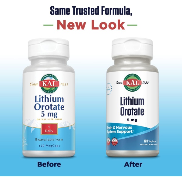 KAL Lithium Orotate 5mg. Natural Support for Emotional Balance, New look