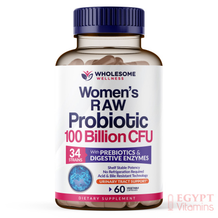 Wholesome Wellness Dr. Formulated Raw Probiotics for Women 100 Billion CFUs with Prebiotics, Digestive Enzymes , 60 Capsulesبروبيوتيك الخام للنساء 100 مليار وحدة دولية مع أنزيمات الهضم 60 كبسولة