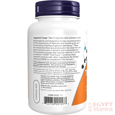 NOW Supplements, True Focus™ with Amino Acids, Ginkgo, DMAE + CoQ10 and Grape Seed Extract , 90 Veg Capsules