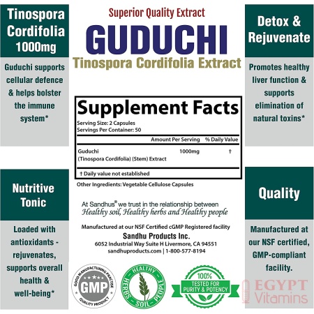 Guduchi (Tinospora Cordifolia) Giloy Immune Support 1000 mg per Serving Vegetarian 100 Capsules
