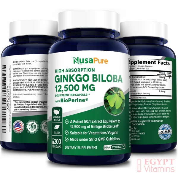 Nusapure Ginkgo Biloba Extract 12500 mg Per Veggie Caps 200 Capsules خلاصة الجنكو بيلوبا تركيز 12500 مجم عالى الامتصاص ،200 كبسولة نباتية