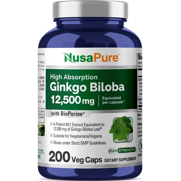 Nusapure Ginkgo Biloba Extract 12500 mg, 200 Capsulesخلاصة الجنكو بيلوبا تركيز 12500 مجم عالى الامتصاص ،200 كبسولة