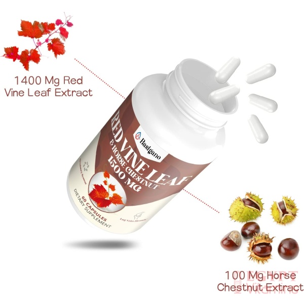 Basigano Red Vine Leaf & Horse Chestnut Extract Capsule Supplements (Vitis Vinifera) 1500mg -Premium Extract for Healthy Veins, Circulation, Heart, Skin