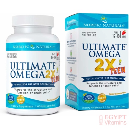 Nordic Naturals Ultimate Omega 2X Teen, Strawberry - 60 Mini Soft Gels - 1120 mg Total Omega-3s with EPA & DHA - Brain Health, Positive Mood, Social Development, Learning - Non-GMO - 30 Servings