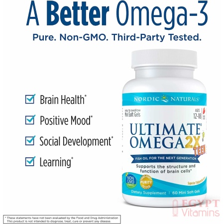 Nordic Naturals Ultimate Omega 2X Teen, Strawberry - 60 Mini Soft Gels - 1120 mg Total Omega-3s with EPA & DHA - Brain Health, Positive Mood, Social Development, Learning - Non-GMO - 30 Servings